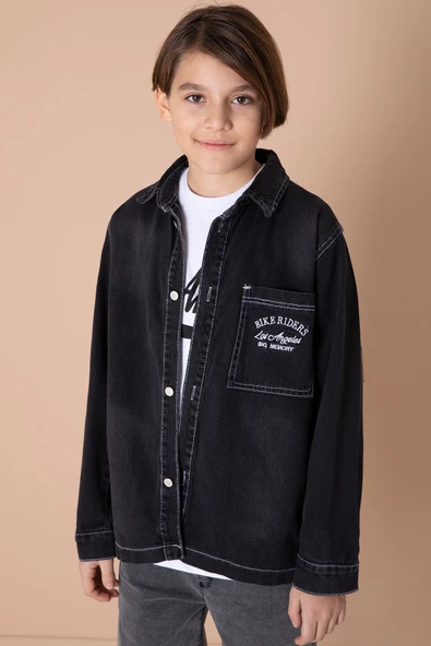 Siyah Yazı Nakışlı Jean Gömlekli Tişörtlü Erkek Çocuk 2li Takım 20035 - 3