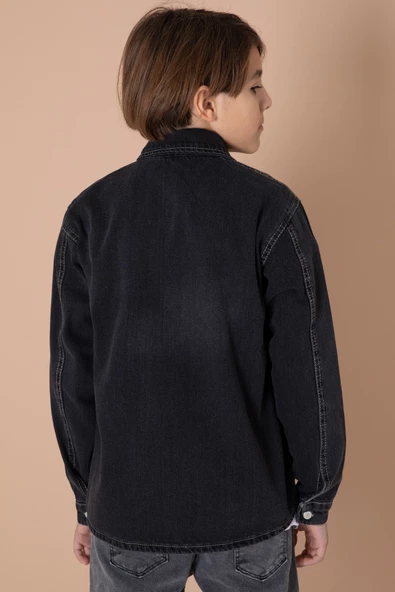 Erkek Çocuk Füme Armalı Cepli Bisiklet Yaka Tişörtlü Jean Gömlek 20098 - 5