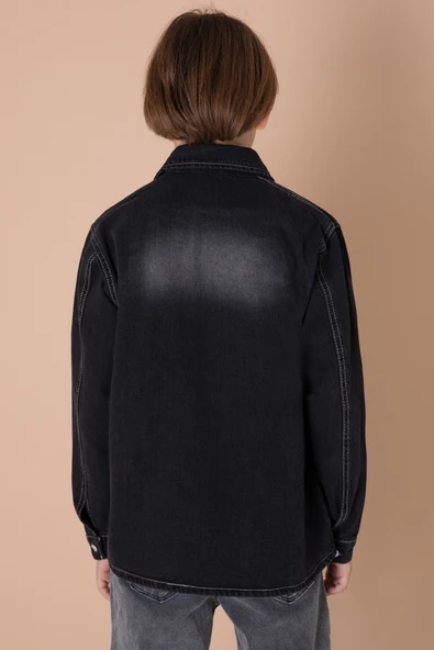 Erkek Çocuk Siyah Armalı Cepli Bisiklet Yaka Tişörtlü Jean Gömlek 20097 - 5