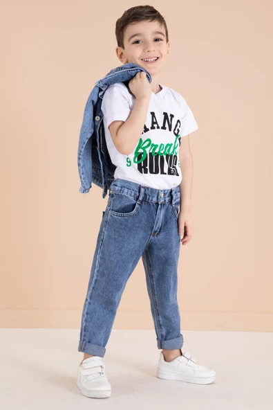 Lacivert Yazı Nakışlı Ceketli 3lü Erkek Çocuk Jean Takım 20001 - 3