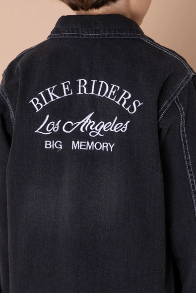 Siyah Yazı Nakışlı Jean Gömlekli Tişörtlü Erkek Çocuk 2li Takım 20035 - 6