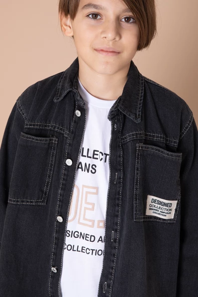 Erkek Çocuk Füme Armalı Cepli Bisiklet Yaka Tişörtlü Jean Gömlek 20098 - 2