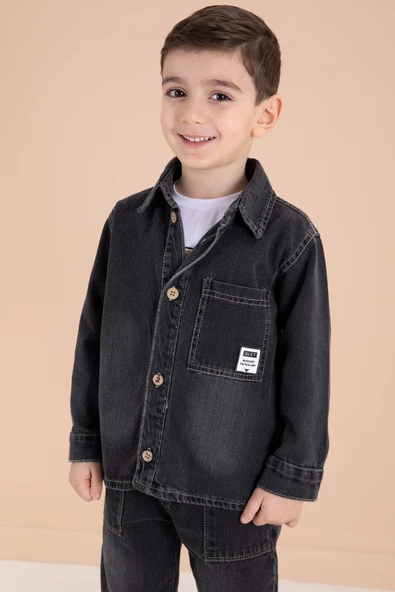 Füme Düğmeli Jean Ceketli Pantolonlu Erkek Çocuk 3lü Takım 20010 - 2