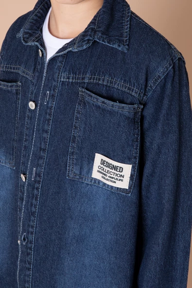Erkek Çocuk Lacivert Armalı Cepli Bisiklet Yaka Tişörtlü Jean Gömlek 20096 - 2