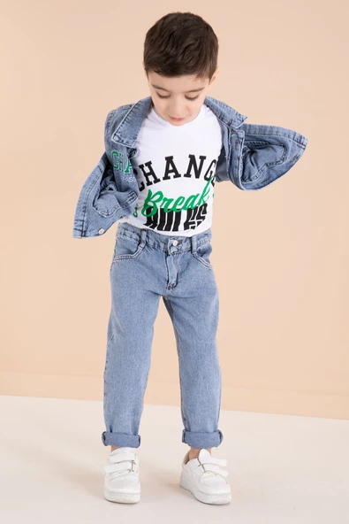 Mavi Yazı Nakışlı Ceketli 3lü Erkek Çocuk Jean Takım 20000 - 4