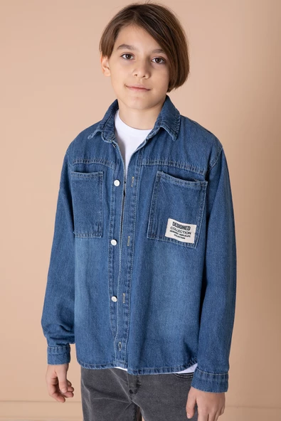 Erkek Çocuk Mavi Armalı Cepli Bisiklet Yaka Tişörtlü Jean Gömlek 20095