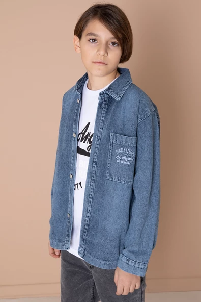 Lacivert Yazı Nakışlı Jean Gömlekli Tişörtlü Erkek Çocuk 2li Takım 20034 - 4