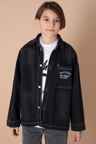 Siyah Yazı Nakışlı Jean Gömlekli Tişörtlü Erkek Çocuk 2li Takım 20035