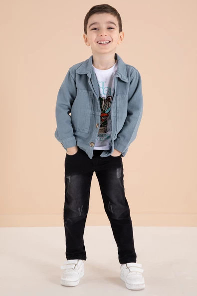 Mavi Jean Ceketli Pantolonlu Erkek Çocuk 3lü Takım 20015