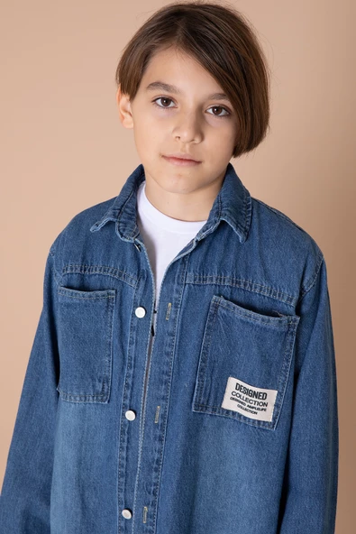 Erkek Çocuk Mavi Armalı Cepli Bisiklet Yaka Tişörtlü Jean Gömlek 20095 - 2