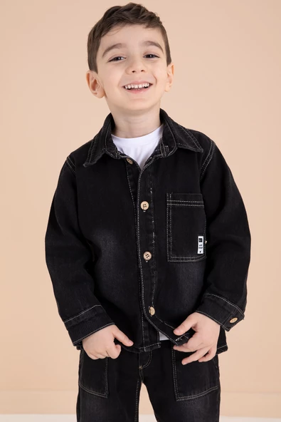 Siyah Düğmeli Jean Ceketli Pantolonlu Erkek Çocuk 3lü Takım 20009 - Resim 2