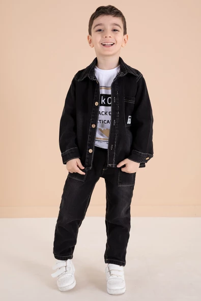 Siyah Düğmeli Jean Ceketli Pantolonlu Erkek Çocuk 3lü Takım 20009 ürün görseli