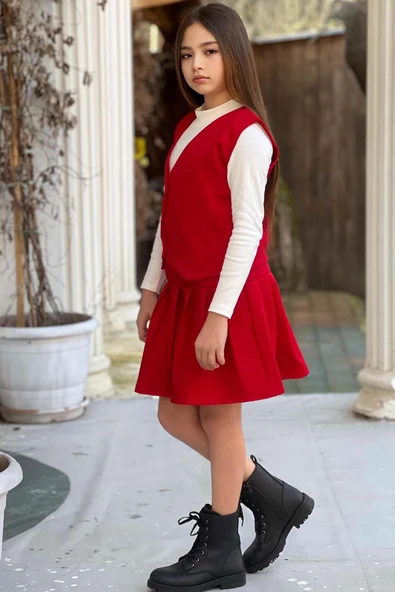 Kız Çocuk Balıkçı Yaka Kazak V Yaka Yelek Kemerli Pliseli Kırmızı Etekli Takım - 3