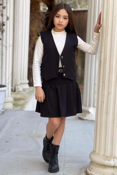 Kız Çocuk Balıkçı Yaka Kazak V Yaka Yelek Kemerli Pliseli Siyah Etekli Takım - 4