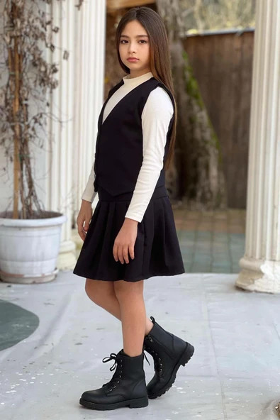 Kız Çocuk Balıkçı Yaka Kazak V Yaka Yelek Kemerli Pliseli Siyah Etekli Takım - 5