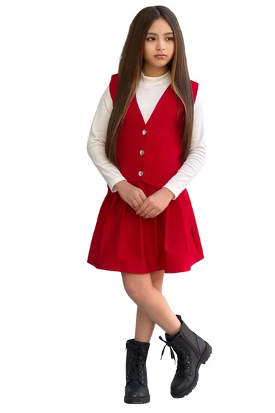 Kız Çocuk Balıkçı Yaka Kazak V Yaka Yelek Kemerli Pliseli Kırmızı Etekli Takım - 7