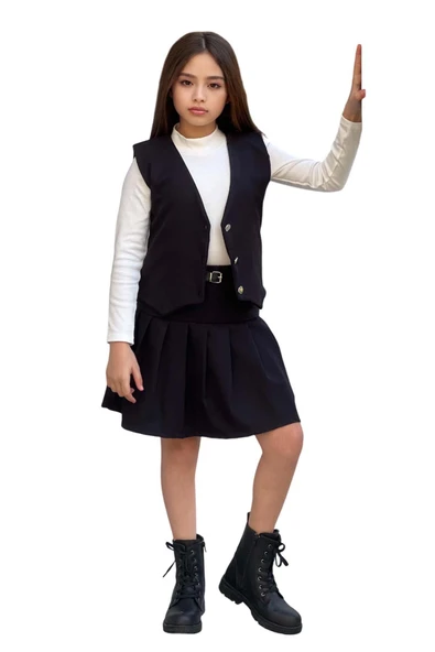 Kız Çocuk Balıkçı Yaka Kazak V Yaka Yelek Kemerli Pliseli Siyah Etekli Takım - 7