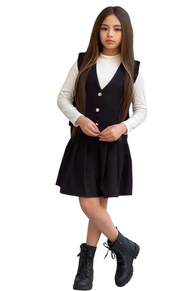 Kız Çocuk Balıkçı Yaka Kazak V Yaka Yelek Kemerli Pliseli Siyah Etekli Takım - 9