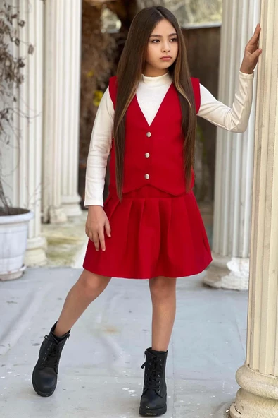 Kız Çocuk Balıkçı Yaka Kazak V Yaka Yelek Kemerli Pliseli Kırmızı Etekli Takım - 5