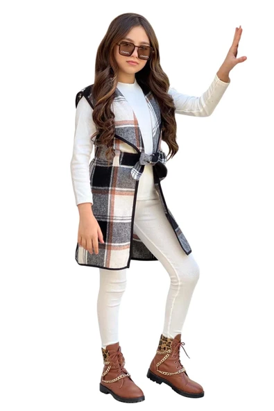 Kız Çocuk Ekose Desenli Yelek Uzun Kol Penye Kazak Beyaz Taytlı Takım - 8