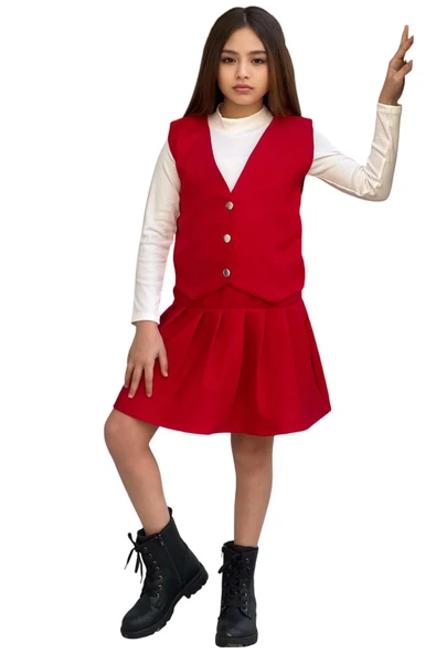Kız Çocuk Balıkçı Yaka Kazak V Yaka Yelek Kemerli Pliseli Kırmızı Etekli Takım - 6