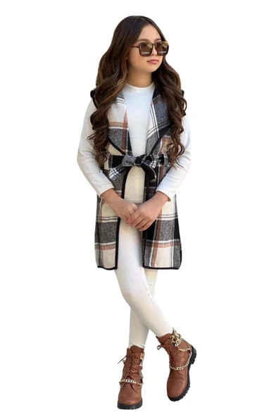 Kız Çocuk Ekose Desenli Yelek Uzun Kol Penye Kazak Beyaz Taytlı Takım - 7