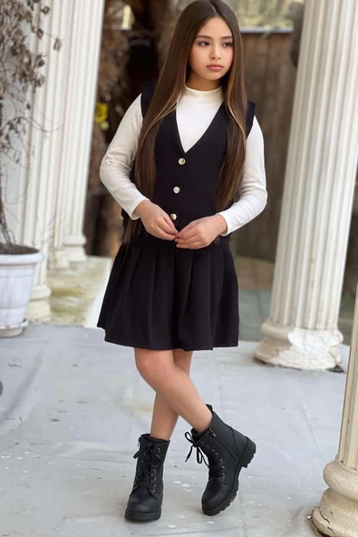 Kız Çocuk Balıkçı Yaka Kazak V Yaka Yelek Kemerli Pliseli Siyah Etekli Takım - 3