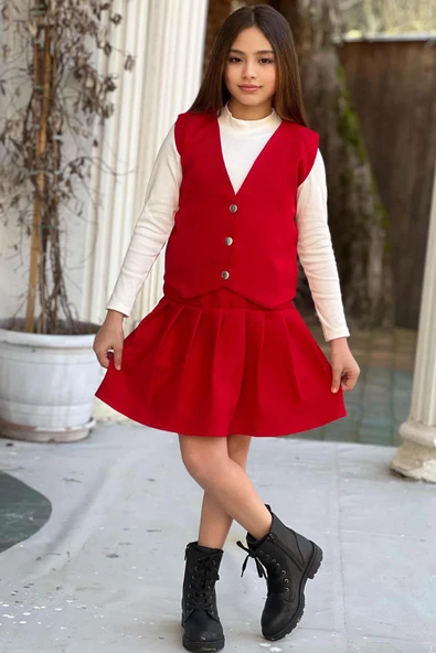 Kız Çocuk Balıkçı Yaka Kazak V Yaka Yelek Kemerli Pliseli Kırmızı Etekli Takım - 4