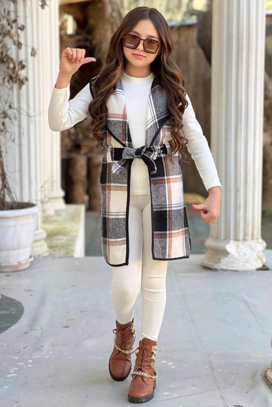 Kız Çocuk Ekose Desenli Yelek Uzun Kol Penye Kazak Beyaz Taytlı Takım - 5