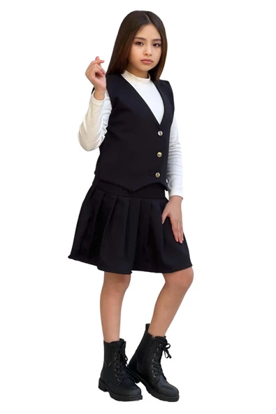 Kız Çocuk Balıkçı Yaka Kazak V Yaka Yelek Kemerli Pliseli Siyah Etekli Takım - 8