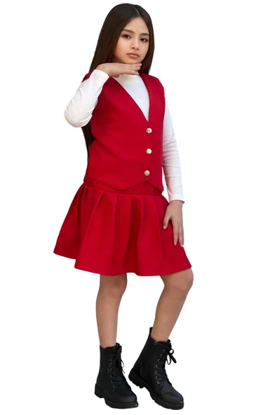 Kız Çocuk Balıkçı Yaka Kazak V Yaka Yelek Kemerli Pliseli Kırmızı Etekli Takım - 8