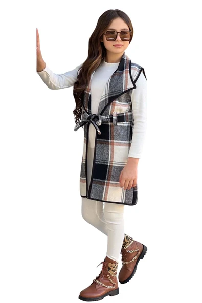 Kız Çocuk Ekose Desenli Yelek Uzun Kol Penye Kazak Beyaz Taytlı Takım - 9