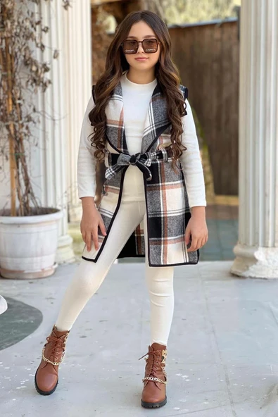 Kız Çocuk Ekose Desenli Yelek Uzun Kol Penye Kazak Beyaz Taytlı Takım - 3