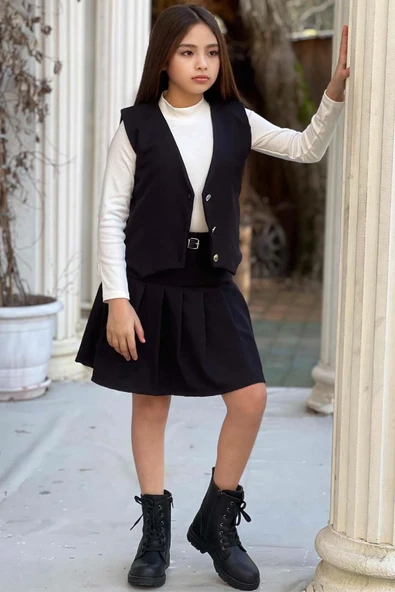 Kız Çocuk Balıkçı Yaka Kazak V Yaka Yelek Kemerli Pliseli Siyah Etekli Takım - 6