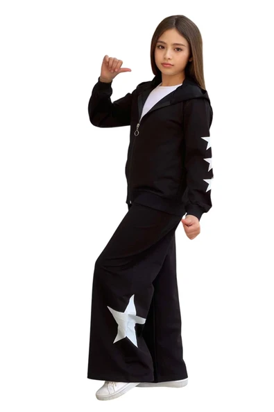 Kız Çocuk Askılı Crop Fermuarlı Star Baskılı Bol Kesim Siyah Eşofman Takım - Resim 7