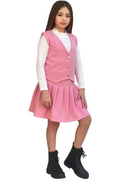 Kız Çocuk Balıkçı Yaka Kazak V Yaka Yelek Kemerli Pliseli Pembe Etekli Takım - 5