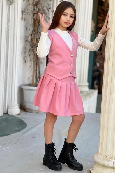 Kız Çocuk Balıkçı Yaka Kazak V Yaka Yelek Kemerli Pliseli Pembe Etekli Takım - 3