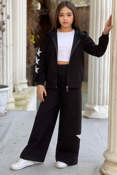 Kız Çocuk Askılı Crop Fermuarlı Star Baskılı Bol Kesim Siyah Eşofman Takım - Resim 3