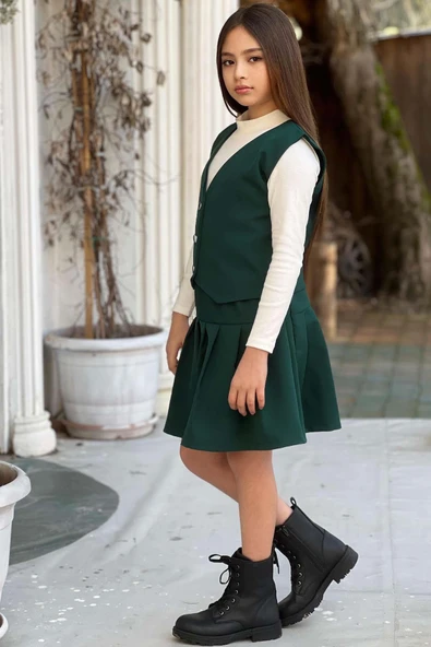 Kız Çocuk Balıkçı Yaka Kazak V Yaka Yelek Kemerli Pliseli Yeşil Etekli Takım - 4