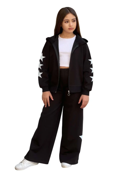 Kız Çocuk Askılı Crop Fermuarlı Star Baskılı Bol Kesim Siyah Eşofman Takım - Resim 8