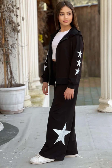 Kız Çocuk Askılı Crop Fermuarlı Star Baskılı Bol Kesim Siyah Eşofman Takım - Resim 6