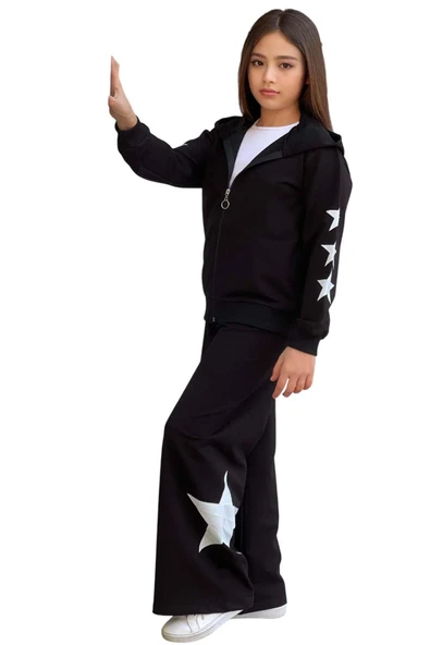 Kız Çocuk Askılı Crop Fermuarlı Star Baskılı Bol Kesim Siyah Eşofman Takım - Resim 9