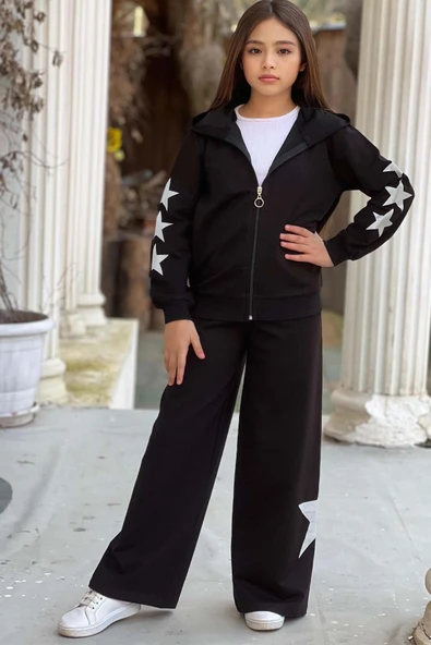 Kız Çocuk Askılı Crop Fermuarlı Star Baskılı Bol Kesim Siyah Eşofman Takım - Resim 5