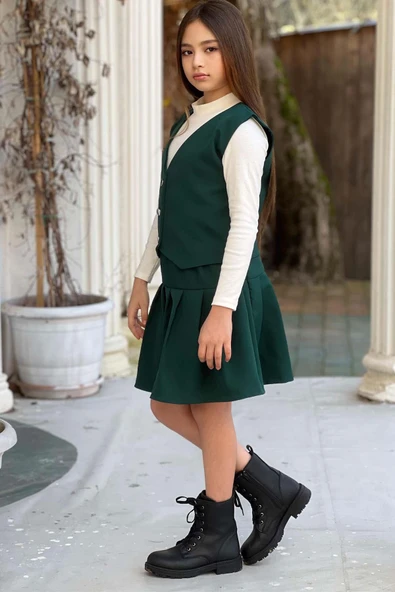 Kız Çocuk Balıkçı Yaka Kazak V Yaka Yelek Kemerli Pliseli Yeşil Etekli Takım - 2