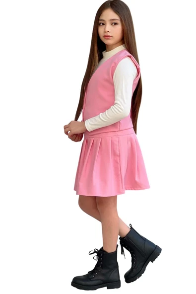 Kız Çocuk Balıkçı Yaka Kazak V Yaka Yelek Kemerli Pliseli Pembe Etekli Takım - 7