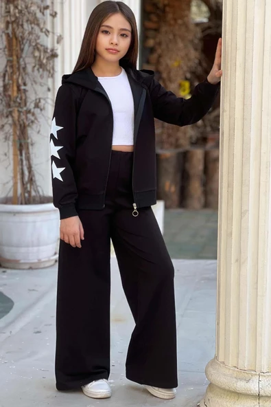 Kız Çocuk Askılı Crop Fermuarlı Star Baskılı Bol Kesim Siyah Eşofman Takım - Resim 2