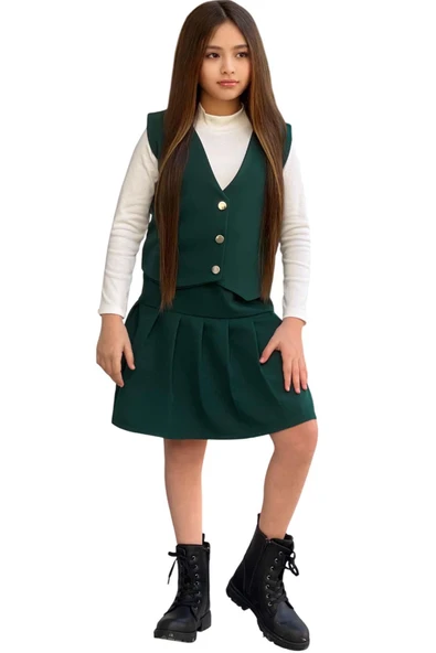 Kız Çocuk Balıkçı Yaka Kazak V Yaka Yelek Kemerli Pliseli Yeşil Etekli Takım - 8