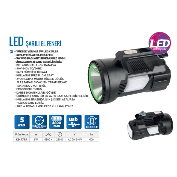 Klaus Şarjlı Led El Feneri Usb Bağlantılı 5W 4800Mah - 2