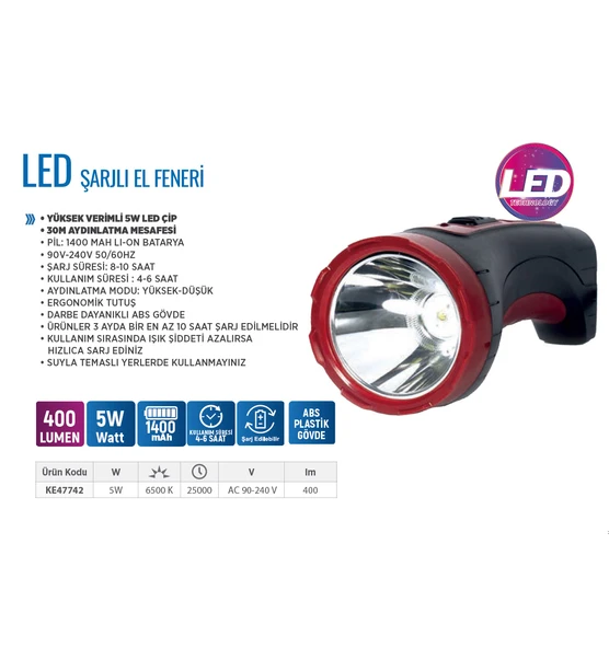 Klaus Şarjlı Led El Feneri 5W 1400Mah - 2