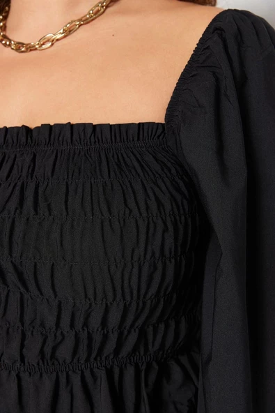 Stil Kadın Gipeli Bluz Crop Dokuma Fitted Kalıp Büyük Beden Büzgülü/Fırfırlı Kol - 4